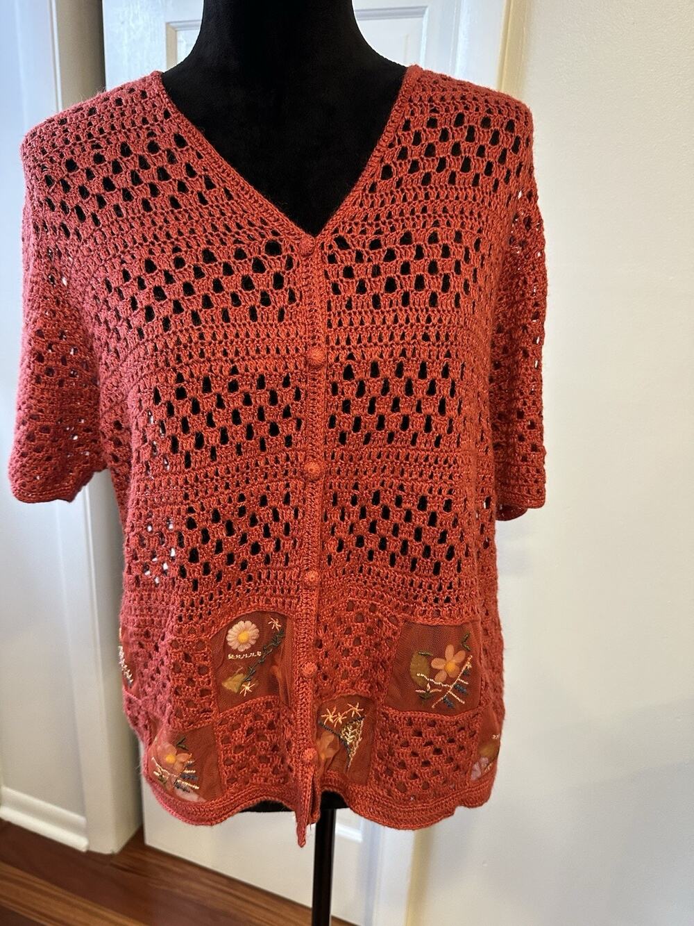 Vintage Teddi Crochet Cardigan Short Sleeve Floral Embroidery Garden Boho XL
